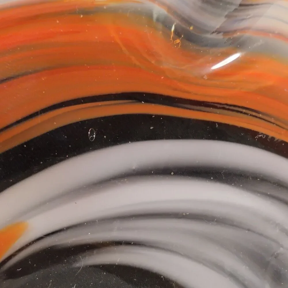 Vintage Hand Blown  Glass Round Ashtray Orange/ Wh Swirl  With Cigarette Stamper